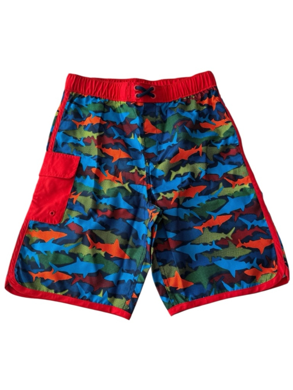 Lands’End Kids Boys Swim Trunks Size XL(14S-16S) In Deep Sea Navy Multi Sharks